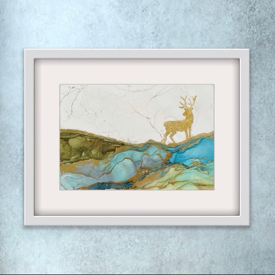 Golden Noble Deer, 2022. Handmade Ink Art picture. 8.66 x 12.6 inches; 22 x 32 cm.