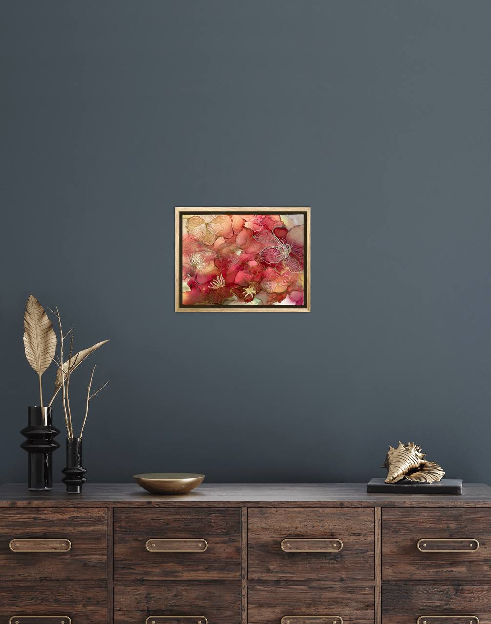 Golden Crimson Bloom, 2024. Handmade Original Ink Art Picture. Size A4: (21.0 x 29.7 cm) (8.3 x 11.7 inch).