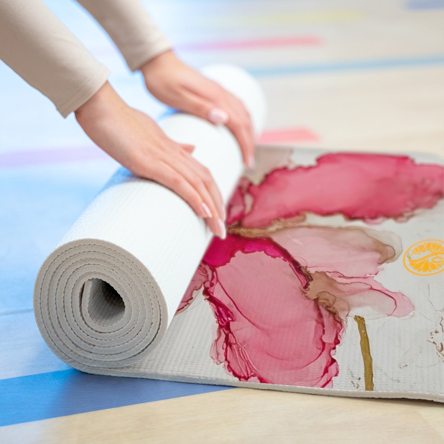 Yoga Mat - Pink, Golden, and White Ink Art by Sofi Lavrin