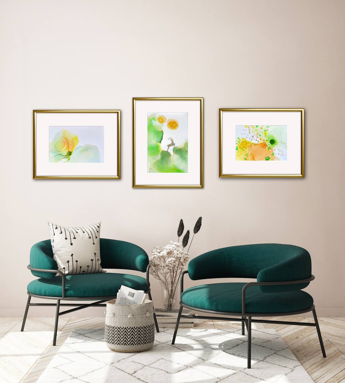 Set of 3 Ink art pictures “Spring Deer” , “Spring arrival of birds”, “Spring wind”. 8.66 x 12.6 inches; 22 x 32 cm.