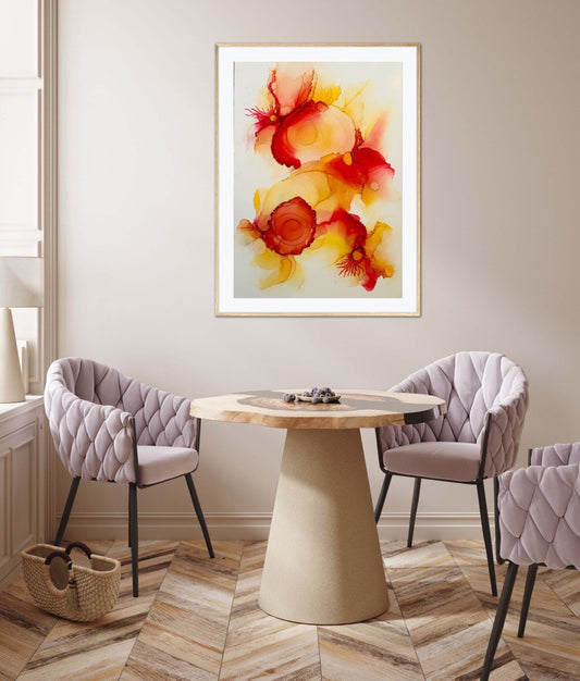 "Fiery Blossoms", 2024. Handmade Original Ink Art Picture. 13.5 x 19 inches; 34 x 48 cm. A Perfect Addition to Your Home Decor. Frames Available for Extra Charge