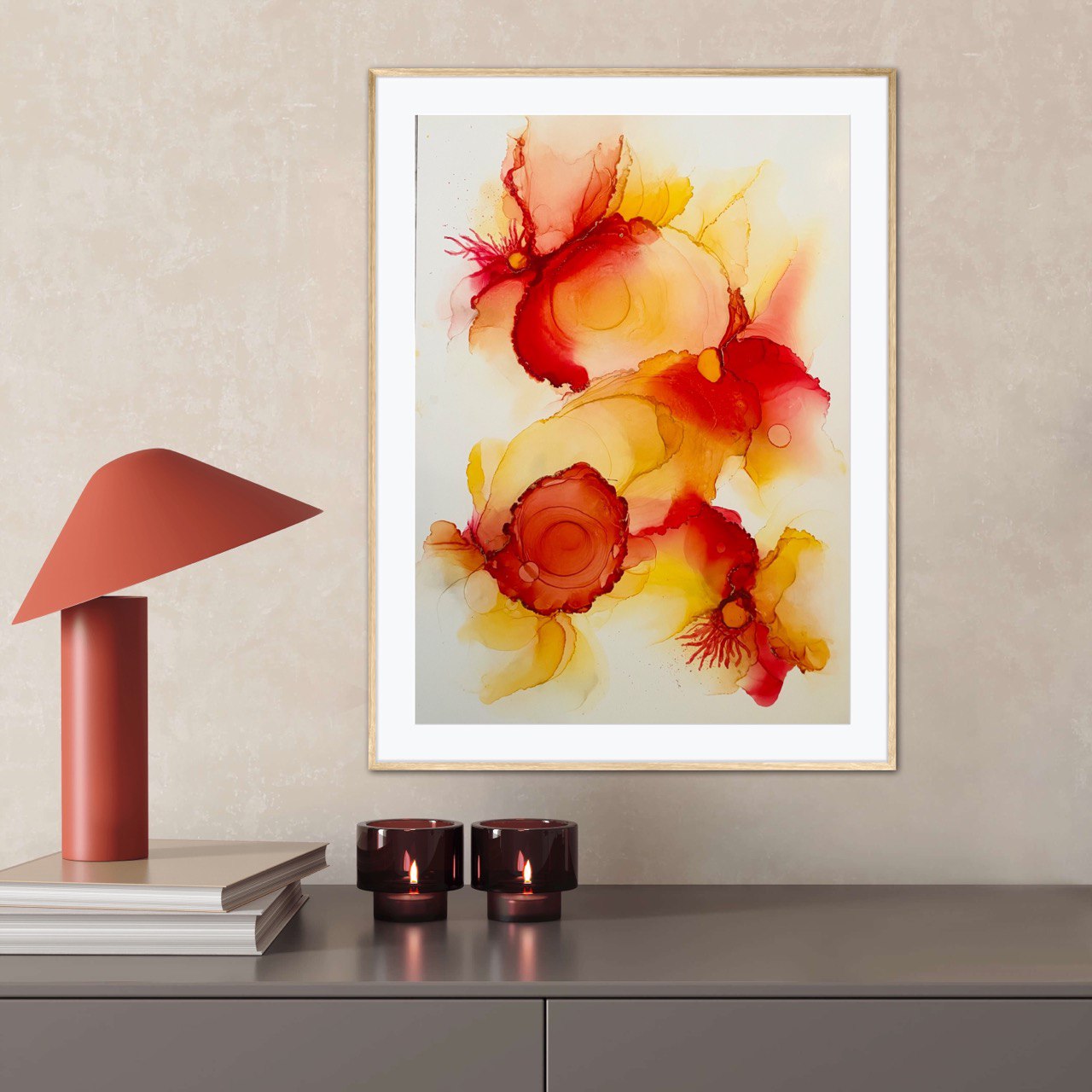 "Fiery Blossoms", 2024. Handmade Original Ink Art Picture. 13.5 x 19 inches; 34 x 48 cm. A Perfect Addition to Your Home Decor. Frames Available for Extra Charge